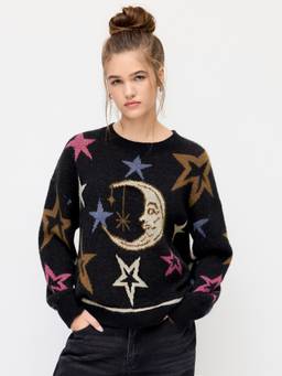 Cider - Knit Star & Moon Women's Oversized Printed Sweater Charcoal
