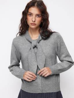 Cider - Knit Collar Women Tie-Up Button Cardigan Grey