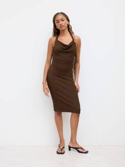 Cider - Metal Detail Women Halter Ruched Knotted Midi Dress Brown