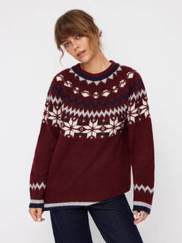 Cider - Wool-Blend Women Snowflake Knit Round Neck Pullover Sweater Burgundy