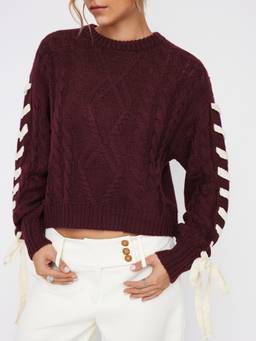 Cider - Cable Knit Women Lace-Up Round Neck Pullover Sweater Wine