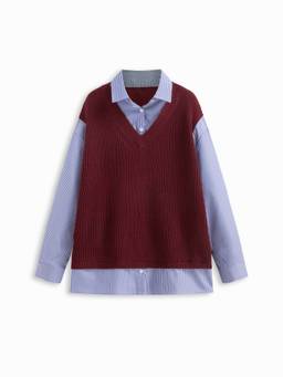 Cider - Wool-Blend Women Oversized Striped Collar Neck Top Wine