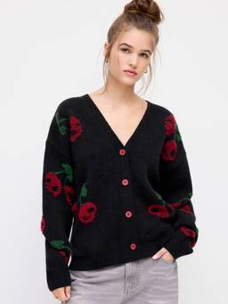 Cider - Knit Women's Oversized V-Neck Cherry Pattern Cardigan Black