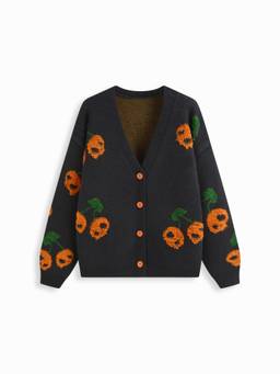 Cider - Knit Women's Oversized V-Neck Cherry Print Cardigan Orange