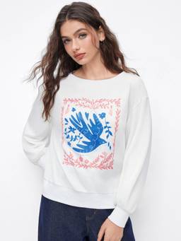 Cider - Floral Pigeon Women's Oversized Graphic Crew Neck Sweatshirt White