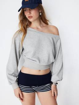 Cider - Terry Women's Regular Fit Asymmetrical Neck Sweatshirt Grey