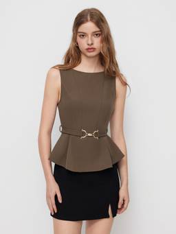 Cider - Pleated Women's Boat Neck Belted Tank Top Brown