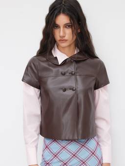 Cider - Faux Leather Women Peter Pan Collar Button Crop Top Brown