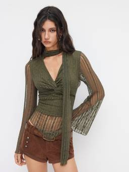 Cider - Textured Women’s V-Neck Twist Flared Sleeve Top Green