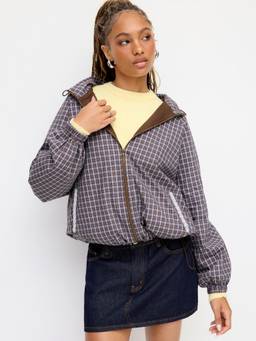 Cider - Cotton Plaid Women Hooded Drawstring Oversized Jacket Brown