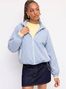 Cider - Plaid Women's Hooded Drawstring Oversized Jacket Blue