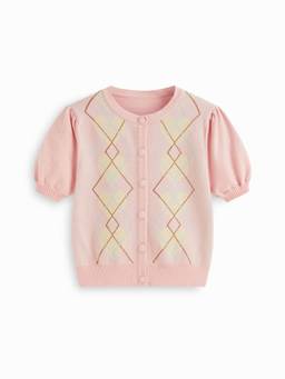 Cider - Knit Argyle Heart Women's Button-Up Short Sleeve Cardigan Pink