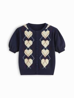 Cider - Argyle Heart Women's Button-Up Knit Cardigan Navy Blue