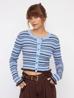 Cider - Knit Wool Blend Women’s Striped Round Neck Button Cardigan Blue