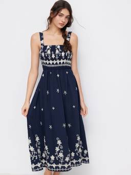 Cider - Women's Shirred Square Neck Floral Maxi Dress Navy Blue