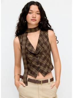 Cider - Plaid V-Neck Women's Buttoned Waist Coat Brown
