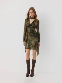 Cider - Mesh Women's Abstract V-Neck Ruched Mini Dress Green