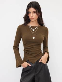 Cider - Cotton Blend Women Ruched Asymmetrical Hem Top Brown