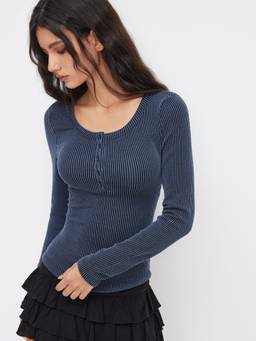 Cider - Ribbed Knit Women Striped Round Neck Button Top Navy Blue