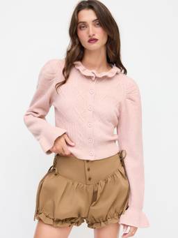 Cider - Cable Knit Women's Ruffle Collar Button-Up Cardigan Pink