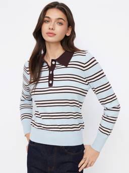 Cider - Knit Striped Women Oversized Polo Neck Top Baby Blue & Brown