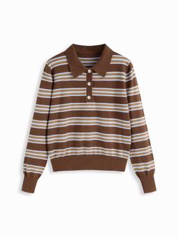 Cider - Knit Striped Women's Polo Neck Oversized Top Brown
