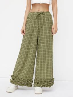 Cider - Check Women's Mid-Waist Drawstring Wide-Leg Trousers Green