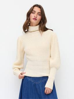 Cider - Knit Women's Lantern Sleeve High Neck Top Beige
