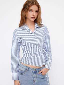Cider - Cotton-Blend Women's Striped Wrap Tie-Up Shirt Blue