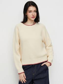 Cider - Contrasting Binding Women’s Oversized Round Neck Sweater Cream