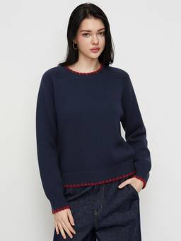 Cider - Contrasting Binding Women Oversized Round Neck Sweater Navy Blue
