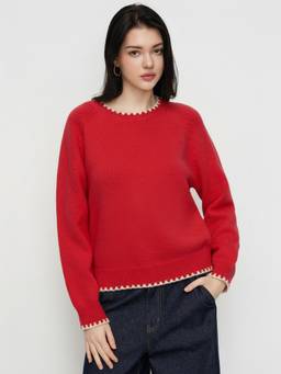 Cider - Contrast Trim Women Oversized Round Neck Pullover Sweater Red
