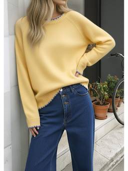 Cider - Contrast Trim Women’s Oversized Round Neck Pullover Sweater Yellow