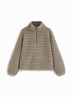 Cider - Fleece Stripe Women's Oversized Half Zip Stand Collar Sweatshirt Brown