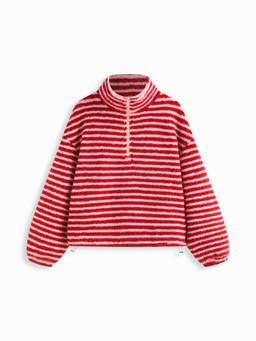 Cider - Fleece Stripe Women's Oversized Stand Collar Half-Zip Sweatshirt Red