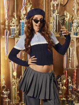 Cider - Cable Knit Women Colorblock High Neck Crop Top Blue