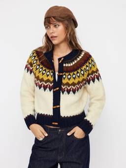 Cider - Fair Isle Women's Oversized Toggle Button Cardigan White & Blue