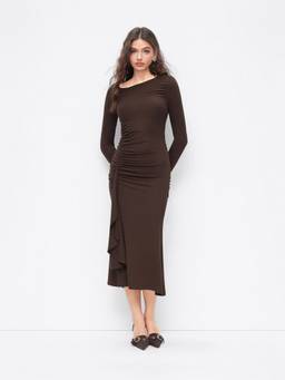 Cider - Ruched Draped Women Asymmetrical Neck Maxi Dress Brown