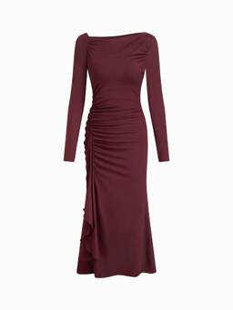 Cider - Asymmetrical Neck Women's Ruched Draped Maxi Dress Wine