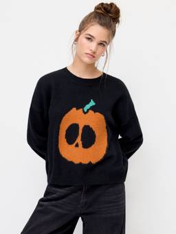 Cider - Knit Pumpkin Women's Oversized Graphic Pullover Sweater Black