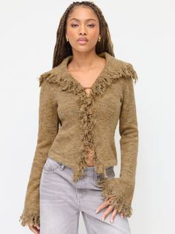 Cider - Knit Collar Women’s V-Neck Raw Hem Cardigan Tan
