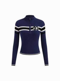 Cider - Knit Women's Slim Fit High Neck Half Zip Sweater Navy Blue