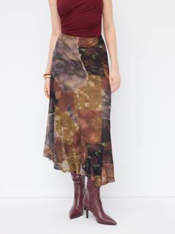 Cider - Mesh Women's Abstract Graphic Asymmetrical Hem Maxi Skirt Brown