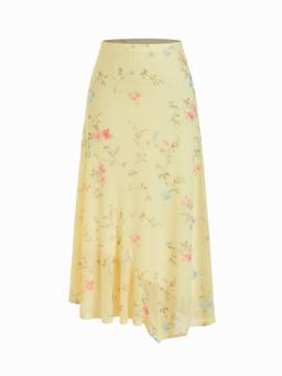Cider - Mesh Women's Mid-Rise Abstract Floral Asymmetrical Maxi Skirt Yellow