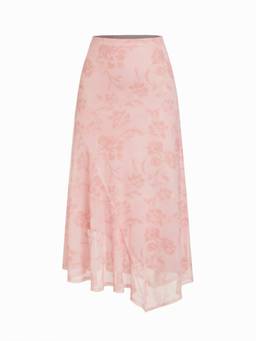 Cider - Mesh Women's Abstract Floral Asymmetrical Hem Maxi Skirt Pink
