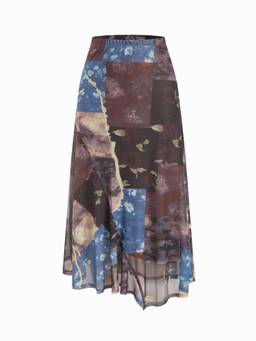 Cider - Mesh Women's Abstract Floral Asymmetrical Hem Maxi Skirt Multi-Color