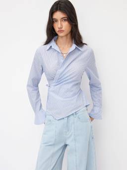 Cider - Collar Tie-Side Ruched Women's Striped Blouse Light Blue