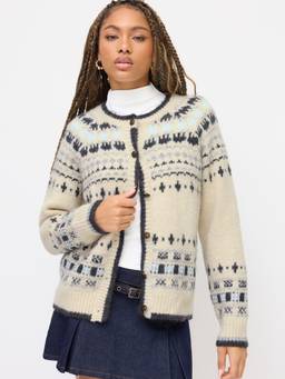 Cider - Knit Women's Oversized Aztec Round Neck Cardigan Beige