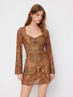 Cider - Mesh Women's Paisley O-Ring Ruffle Hem Mini Dress Tan