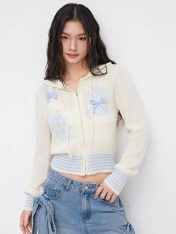 Cider - Wool-Blend Women Floral Hooded Zip-Through Cardigan Cream